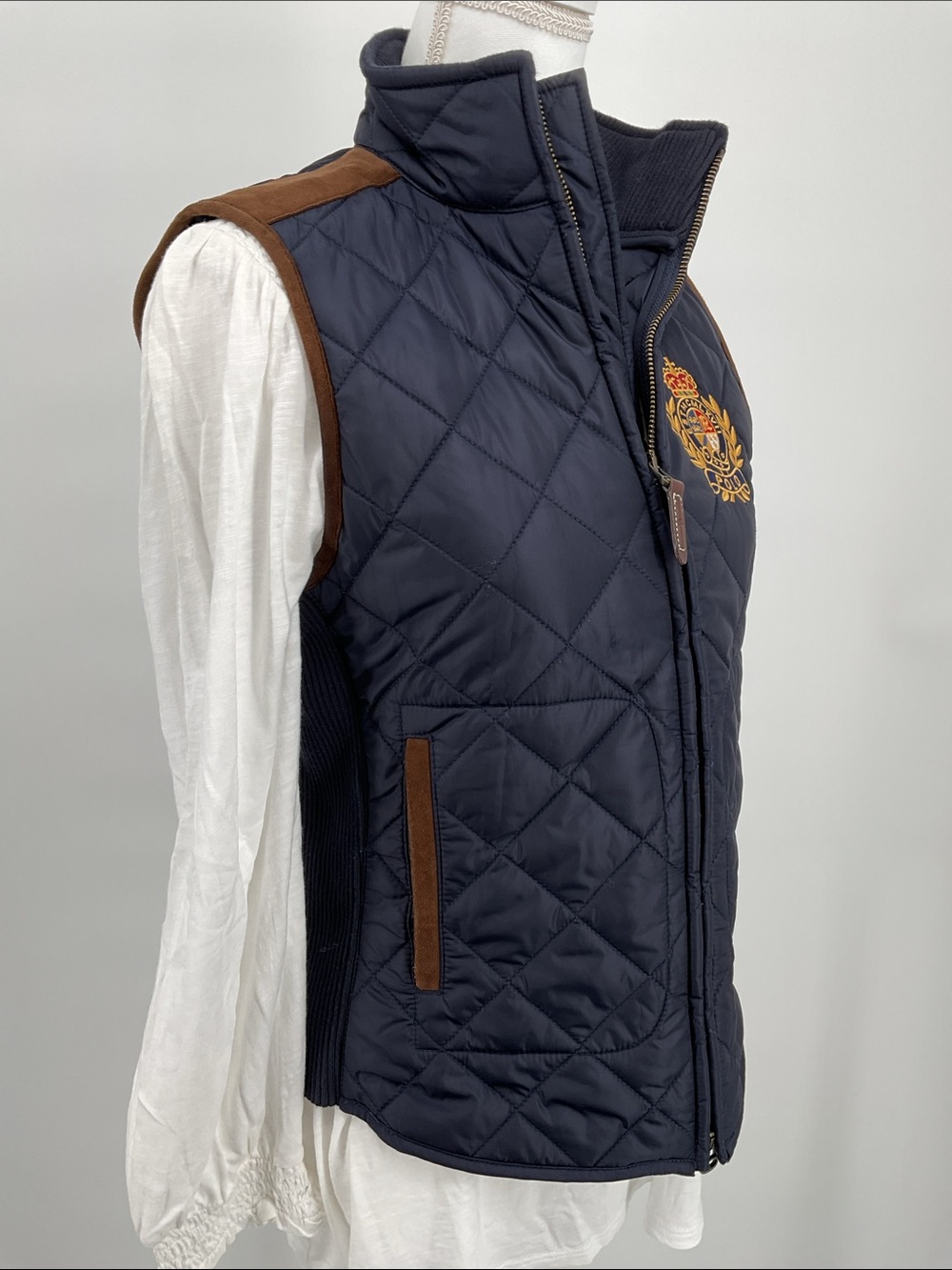 Polo Ralph Lauren Crest Quilted Vest Navy Lamb Suede Trim Equestrian Size Small - Picture 6 of 16